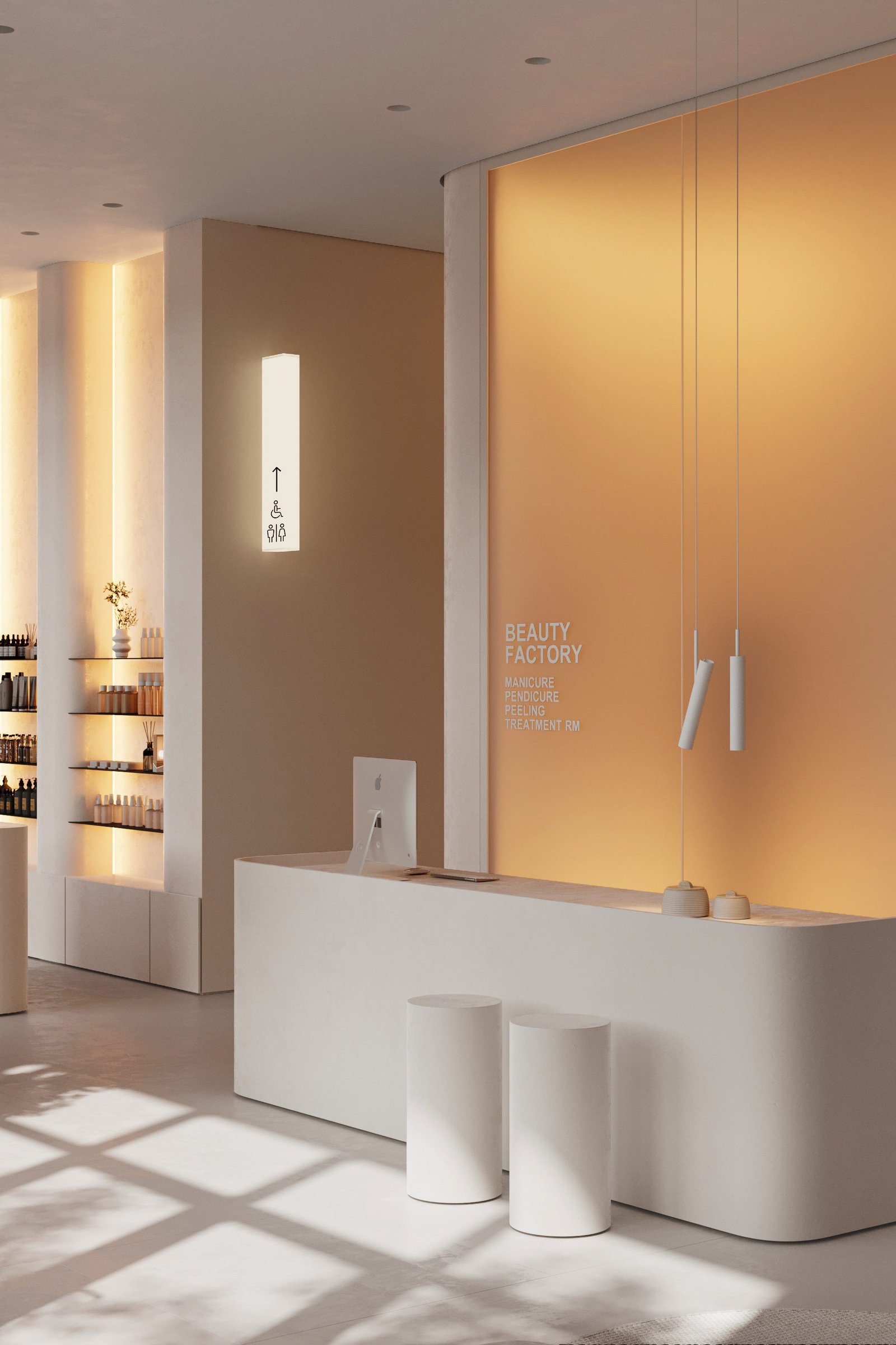 Front desk with amber accent wall