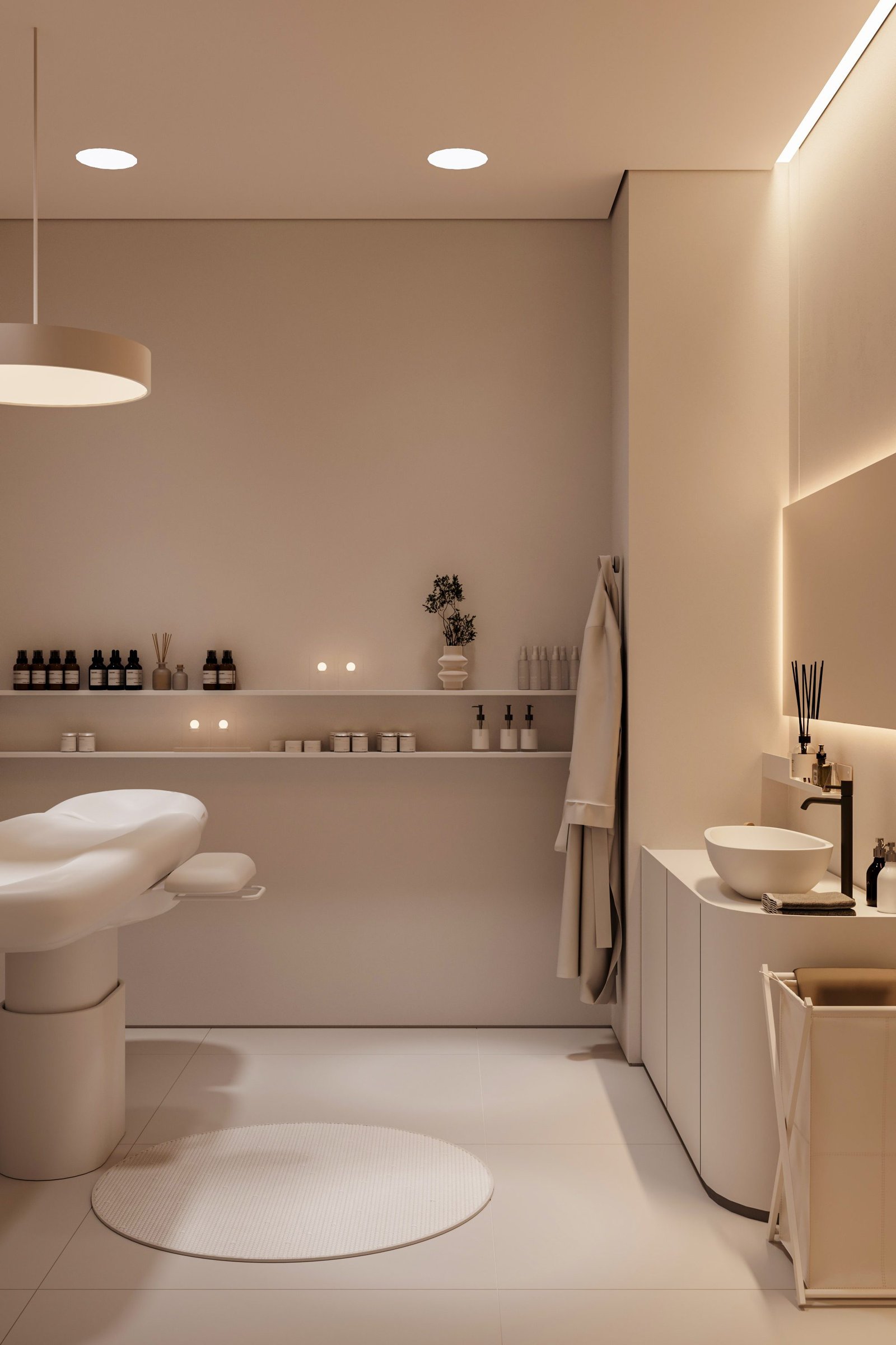 Treatment room with product shelf